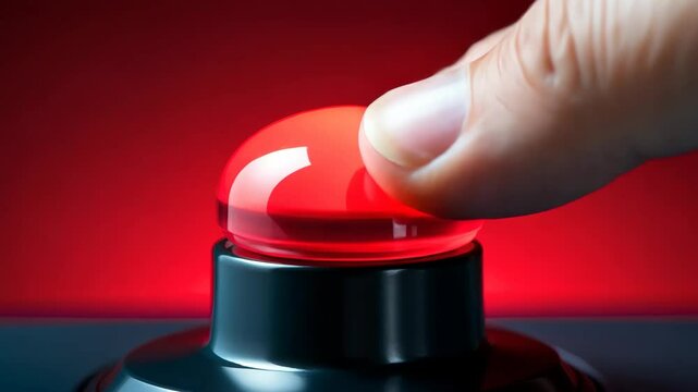 The hand presses the red alarm button. Selective focus. People.