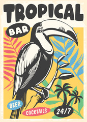 Tropical bar poster design with toucan graphic and jungle plants silhouettes. Summer vacation and travel vector illustration.