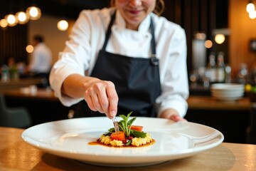 Female Chef Creating Vibrant and Artistic Dish in Contemporary Restaurant Setting