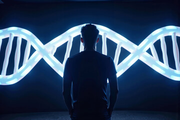Man standing in front of DNA helix light sculpture with glowing strands embracing his silhouette