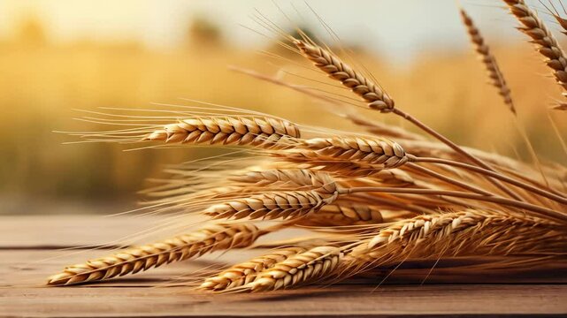 Spikelets of wheat on a table in a field. Selective focus. Food.