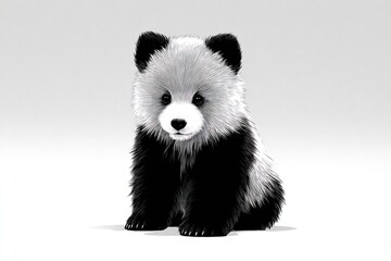 Cute panda cub, seated, on plain background
