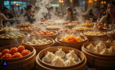 Steaming Dim Sum in a Busy Restaurant