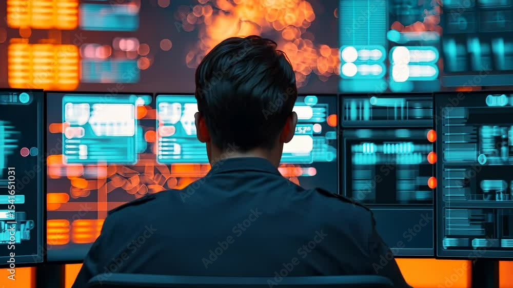 Poster security analyst wearing a is headset observing global network activity on several computer screens 