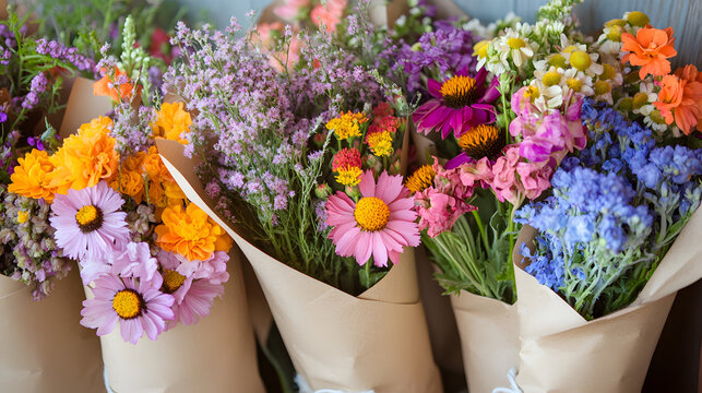 Colorful wildflower bouquets wrapped in kraft paper for delightful floral arrangements