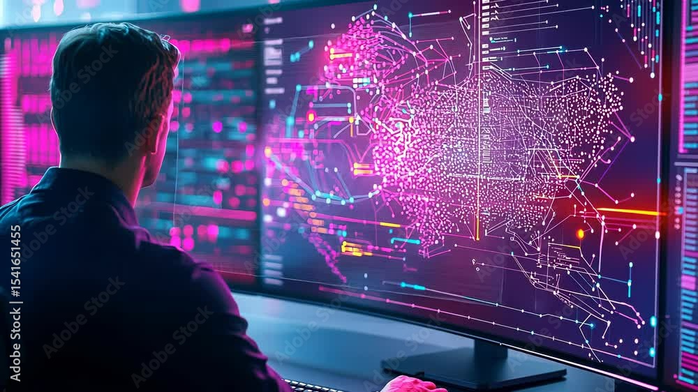 Aufkleber programmer with headphones working at big with his office in night screens showing statistical data