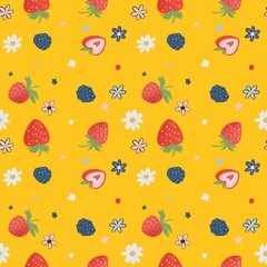 Colorful flat seamless pattern illustration featuring strawberries, blueberries, and daisies scattered across a vibrant yellow background