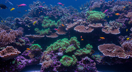 Fototapeta premium An underwater scene showcasing a vibrant coral reef glowing with bioluminescent hues of green and purple. 
