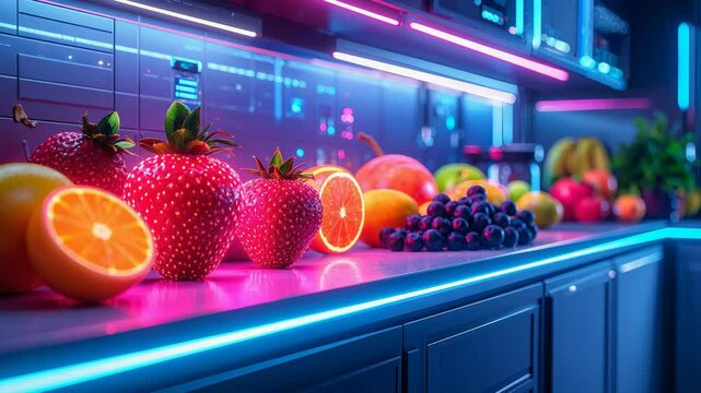 Vibrant fruits such as strawberries, oranges, grapes, and mangoes are illuminated by neon lights.
