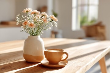 Bright morning in a cozy breakfast nook with wooden table and blooming flowers