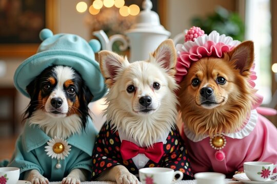 Photoshoot featuring Dogs in Costumes at an Elegant Tea Party