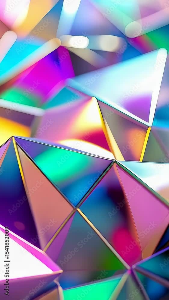 Poster abstract geometric composition with triangle shapes and iridescent rainbow reflections and bright li
