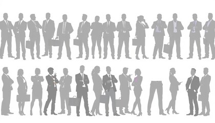 Gray silhouettes of business figures in various poses, flat vector illustration on white background, success, marketing