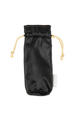 Elegant black satin gift bag tied with gold rope on clean backdrop