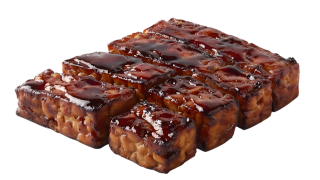 Glazed grilled tofu cubes with rich sticky sauce, perfect for savory vegan barbecue, appealing to healthy grill enthusiasts, on a transparent background