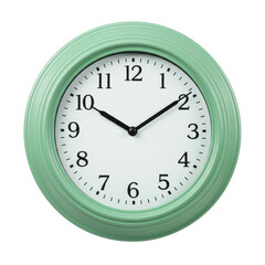 A vintage-style mint green wall clock displaying 1010, set against a plain white background