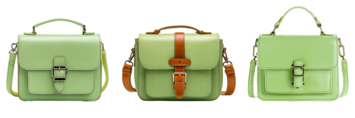 Set of light green color leather shoulder bag isolated on a transparent background