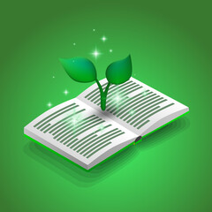 Isometric open book with green sprout and sparkles