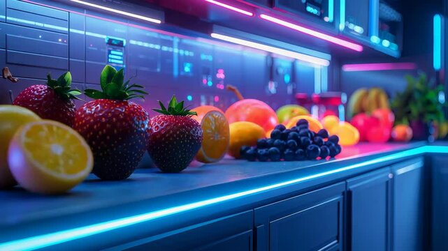 Vibrant fruits such as strawberries, oranges, grapes, and mangoes are illuminated by neon lights.
