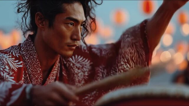A traditional Japanese drummer performing at a summer festival, his focused expression lit by lanterns as taiko beats echo through the ambient crowd. 4K video footage.
