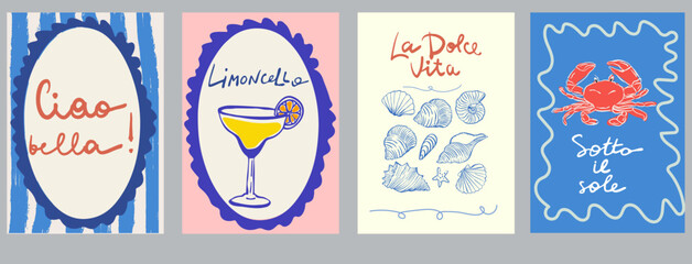 Set of hand drawn vintage posters in dolce vita style. Contemporary art vector illustrations. Vintage vector print. Print for t-shirt. Trendy minimalist posters. Coctail party. Printable.	
