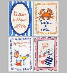 Set of hand drawn vintage posters in dolce vita style. Contemporary art vector illustrations. Vintage vector print. Print for t-shirt. Trendy minimalist posters. Coctail party. Printable.	
