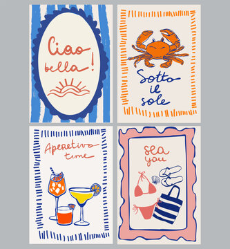 Set of hand drawn vintage posters in dolce vita style. Contemporary art vector illustrations. Vintage vector print. Print for t-shirt. Trendy minimalist posters. Coctail party. Printable.	
