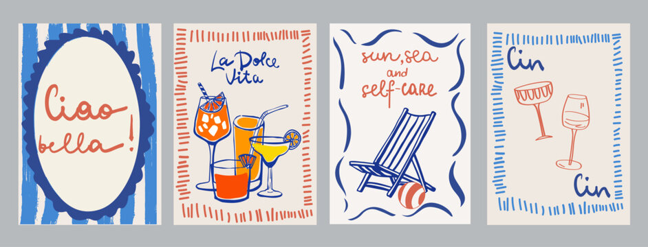 Set of hand drawn vintage posters in dolce vita style. Contemporary art vector illustrations. Vintage vector print. Print for t-shirt. Trendy minimalist posters. Coctail party. Printable.	
