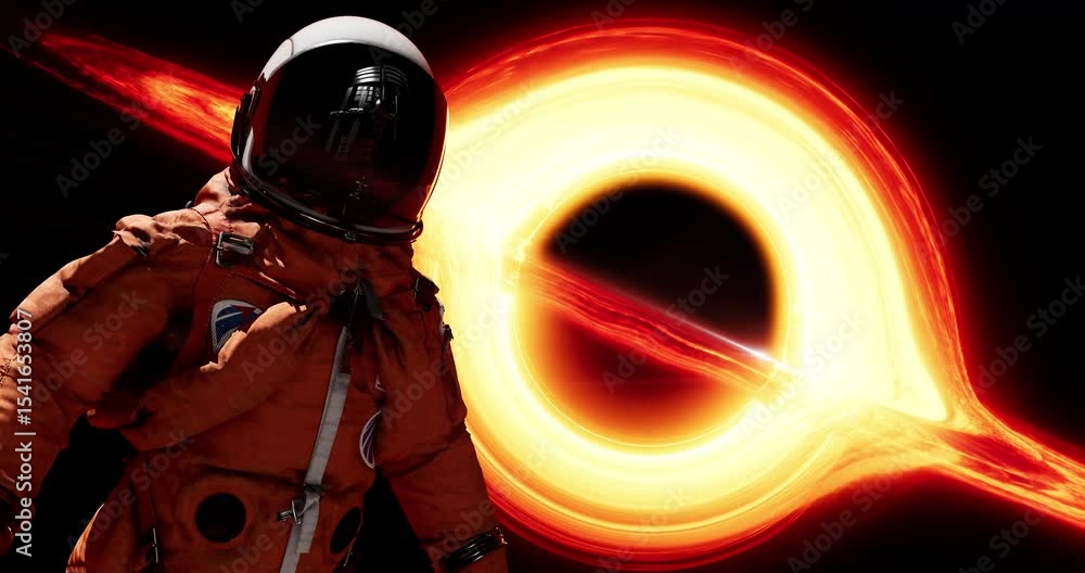 Poster astronaut in orbit with reflected space station on visor surface. space mission and technology relat