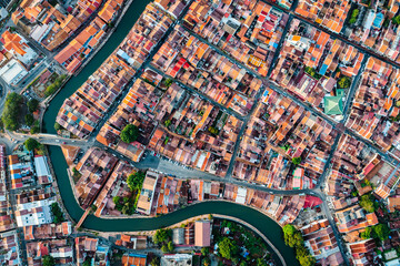 Aerial top down view of old town, Malacca, Malaysia