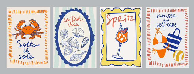 Set of hand drawn vintage posters in dolce vita style. Contemporary art vector illustrations. Vintage vector print. Print for t-shirt. Trendy minimalist posters. Coctail party. Printable.	
