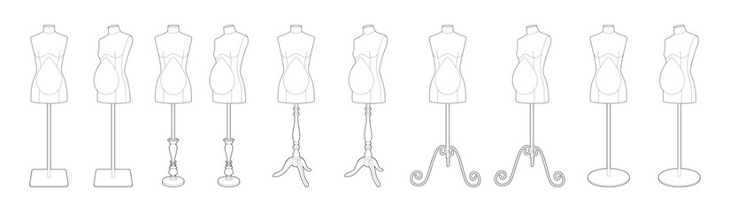 Vector illustration of five different dressmaker mannequins on various stands. Line art style. Isolated on white background. Horizontal orientation. Ideal for fashion or tailoring design.
