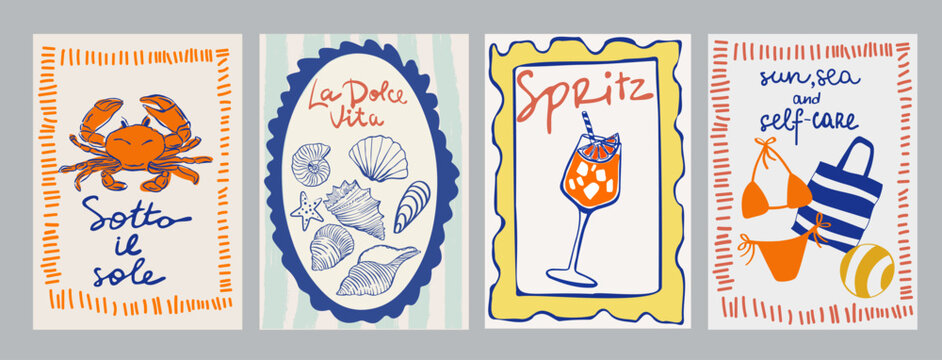Set of hand drawn vintage posters in dolce vita style. Contemporary art vector illustrations. Vintage vector print. Print for t-shirt. Trendy minimalist posters. Coctail party. Printable.	
