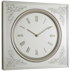 Elegant wall clock with ornate design, displaying time in a bright room with soft lighting