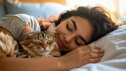 Young adult woman sleeping peacefully with her cute tabby cat on a soft white bed in the morning light at home, cozy rest - Powered by Adobe