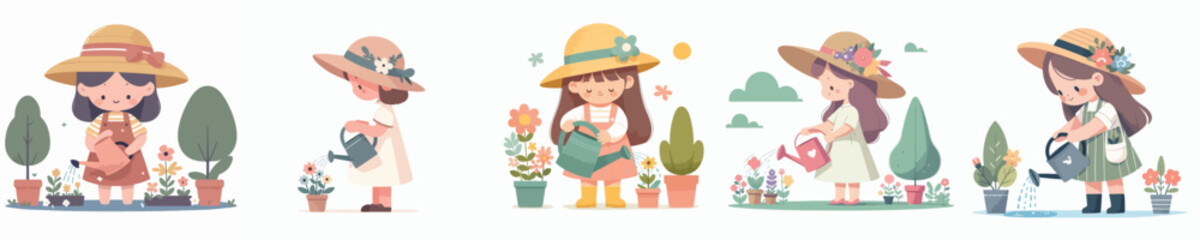 vector character girl watering flowers