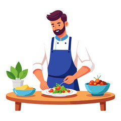 Chef prepares salad at table with plant potato bowl and tomato bowl