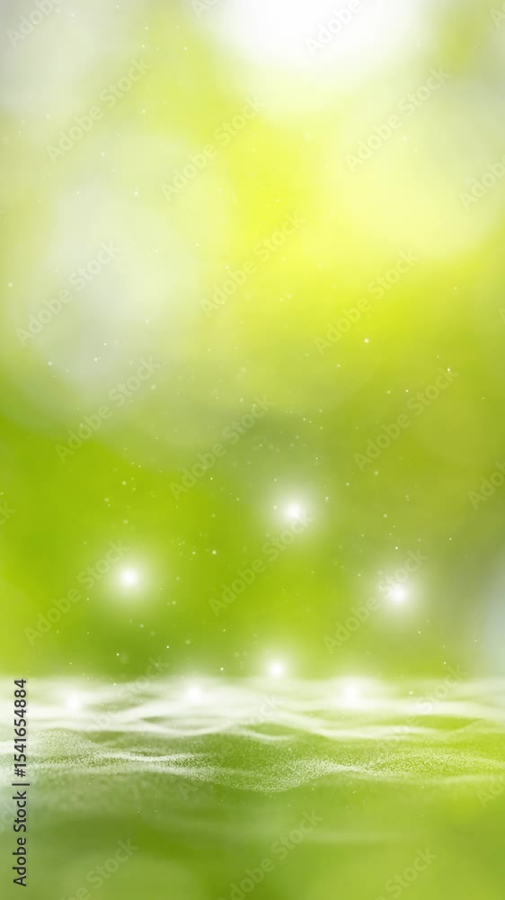 Poster glowing sunny green nature bokeh with waves and loop spotlights vertical background.
