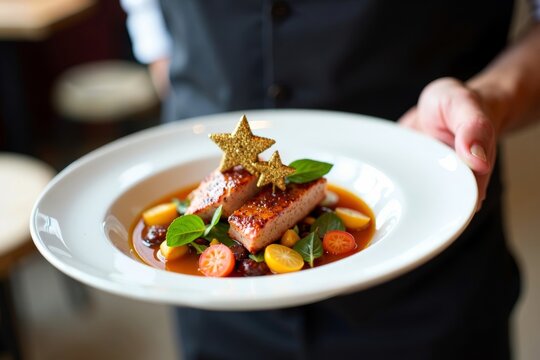 A Waiter's Hand Holding a Plate of Exquisitely Presented Dish Adorned with Edible Gold Stars to Represent a Star Rating