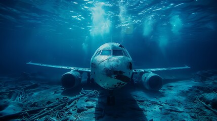 Rusted airplane wreckage submerged beneath the deep blue ocean.