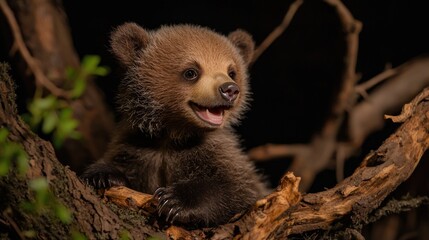 Fototapeta premium Playful Bear Cub in Tree at Night