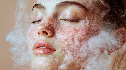 3d render Close-up of Woman's Face, Cleansing Foam, Skincare Routine, Facial Treatment, Beauty Product AI generative