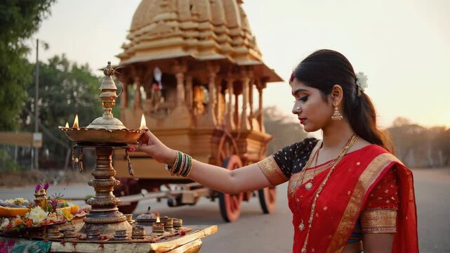 Young indian woman in traditional attire performs ritual at sunrise near ornate chariot in a cultural celebration setting