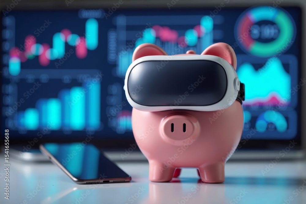 Poster piggybank immersed in virtual reality with smartphone and digital tablet displaying colorful graphs 