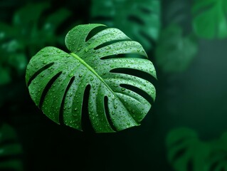 Monstera leaf with water drops on green background. Natural setup for tropical or wellness themes, perfect for fresh or vibrant designs. Ideal for nature or rejuvenating visuals.