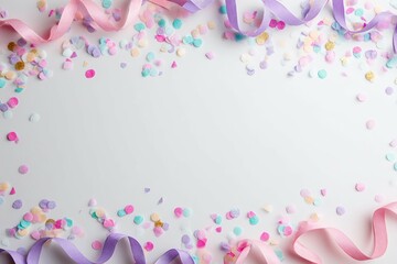 Lavender and rose ribbons with confetti on light background. Graceful setup for special or festive themes, great for subtle or elegant ideas. Perfect for celebration or delicate visuals.
