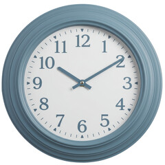 A round blue wall clock displaying the time, set against a plain background, ideal for home decor