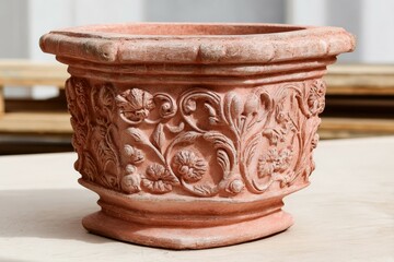 Terracotta plant pot with floral carvings. Ornate garden container features elegant patterns, perfect for home or patio decor. Ideal for rustic or nature visuals.