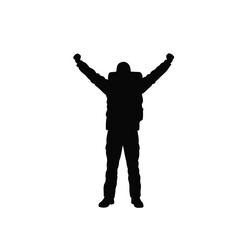 Black Silhouette Hiker Backpack Arms Raised White Background Vector