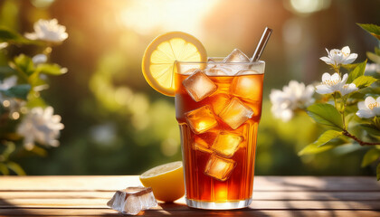 refreshing iced tea with lemon slice and ice cubes in a glass perfect for a hot day